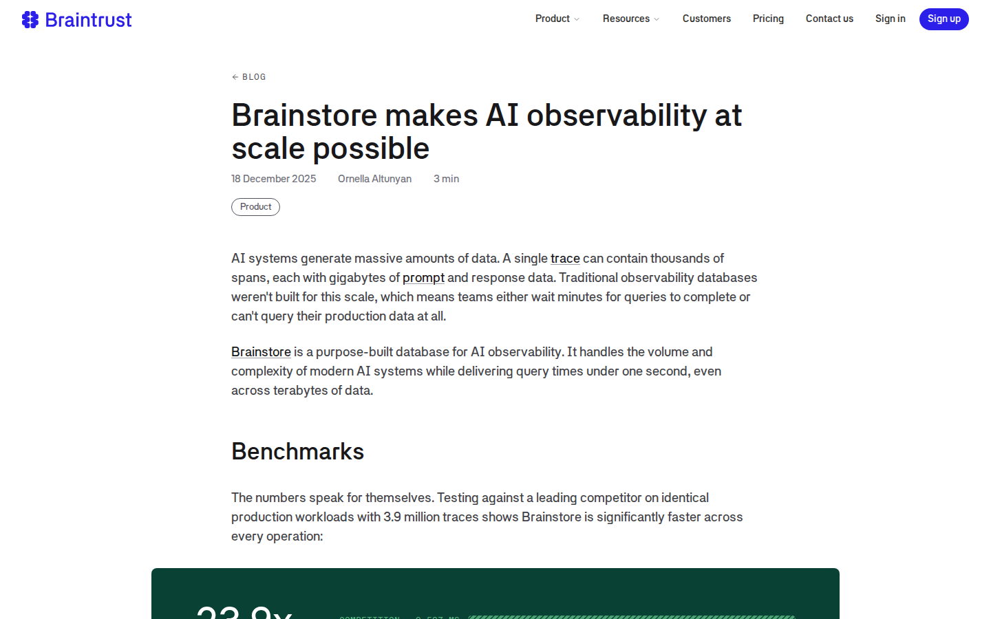 Brainstore 基准博客：23.9x 全文检索对比（对手未具名），取证 2026-10-21