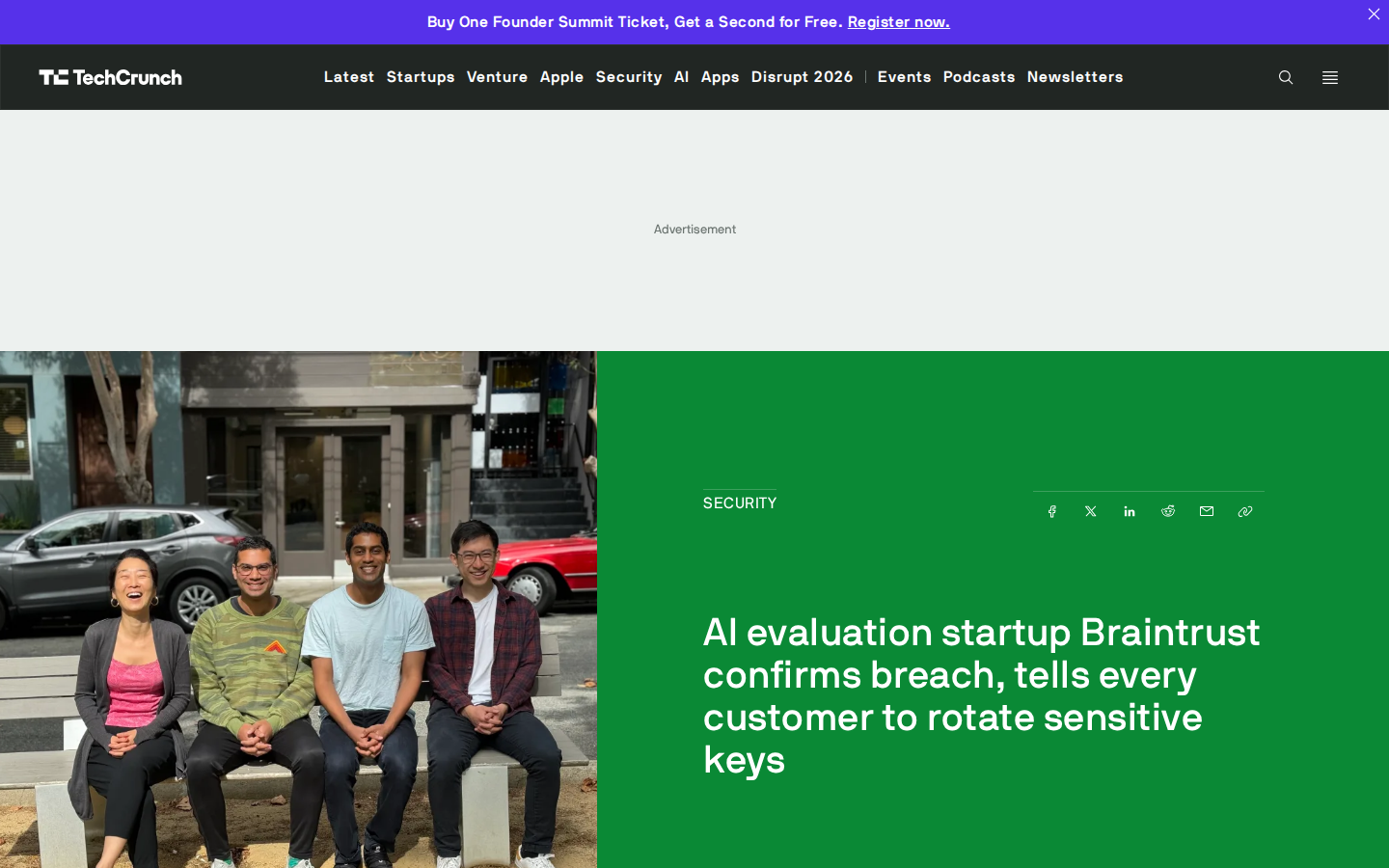 TechCrunch：AI evaluation startup Braintrust confirms breach, tells every customer to rotate sensitive keys，取证 2026-10-21