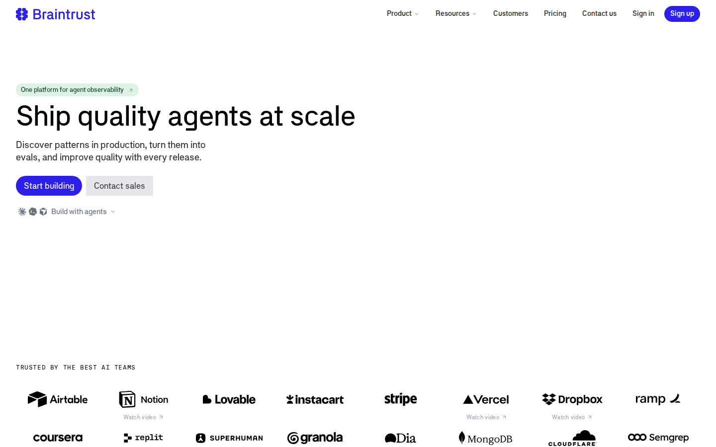 Braintrust 官网首页首屏：The active observability platform for agents + Ship quality agents at scale，取证 2026-10-21